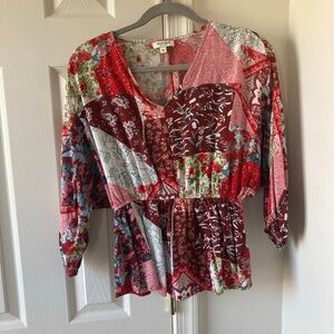 Andree by Unit Red Floral Patchwork Women's Top